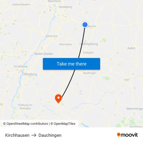 Kirchhausen to Dauchingen map
