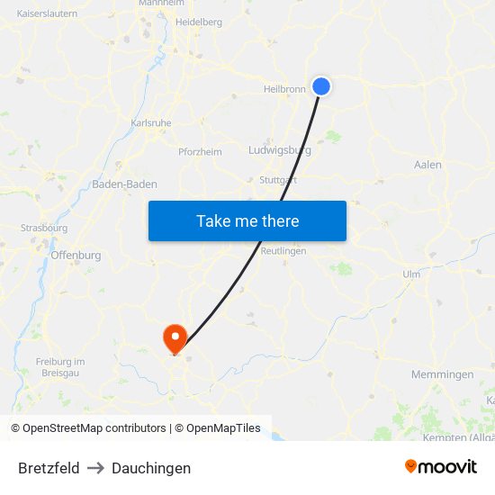 Bretzfeld to Dauchingen map
