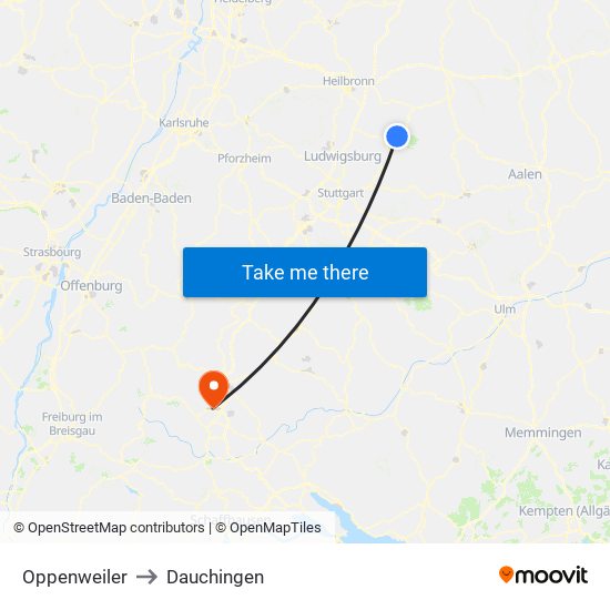 Oppenweiler to Dauchingen map