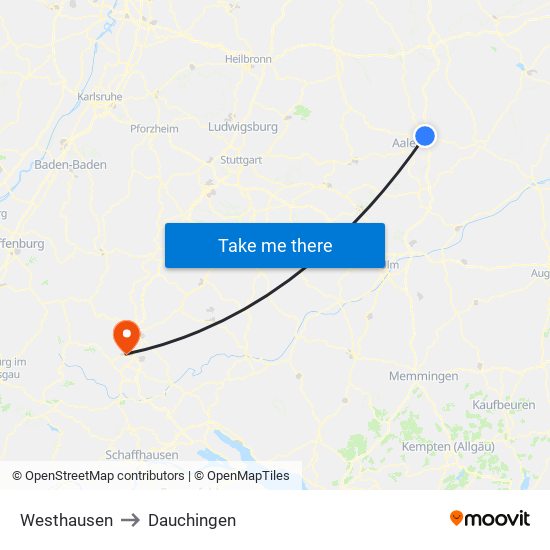 Westhausen to Dauchingen map