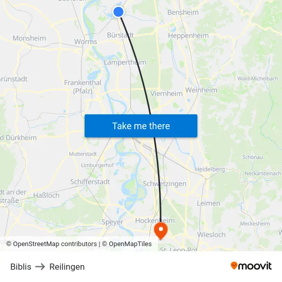 Biblis to Reilingen map