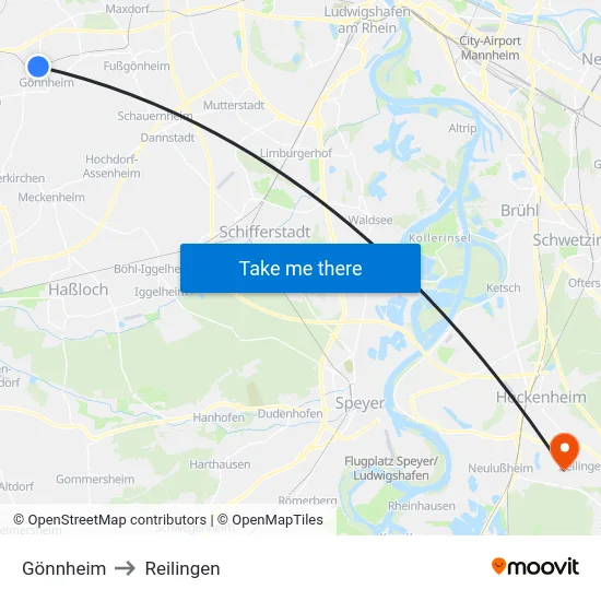Gönnheim to Reilingen map