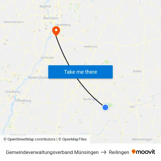 Gemeindeverwaltungsverband Münsingen to Reilingen map