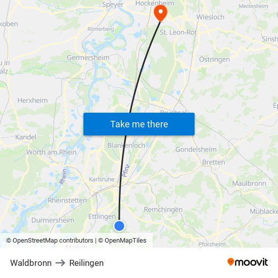 Waldbronn to Reilingen map