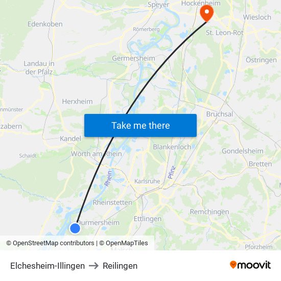 Elchesheim-Illingen to Reilingen map