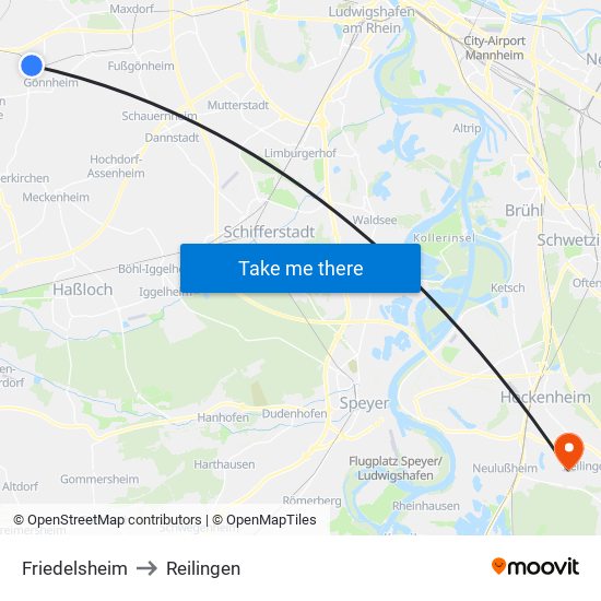 Friedelsheim to Reilingen map