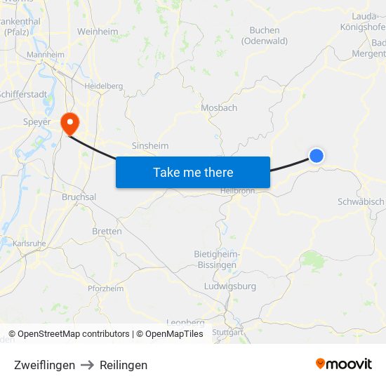 Zweiflingen to Reilingen map