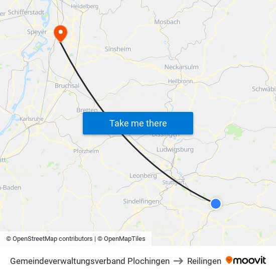 Gemeindeverwaltungsverband Plochingen to Reilingen map