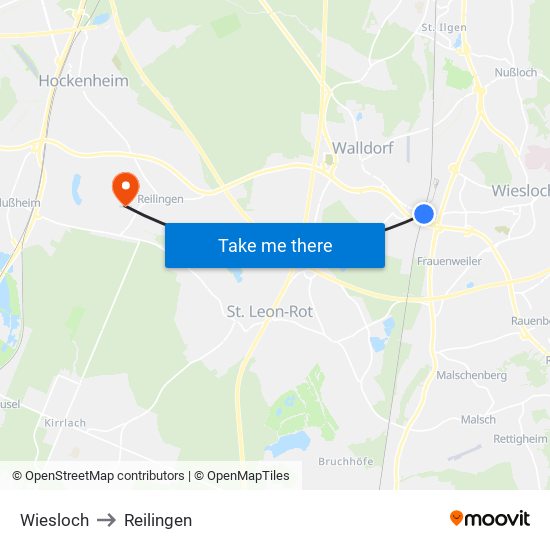 Wiesloch to Reilingen map