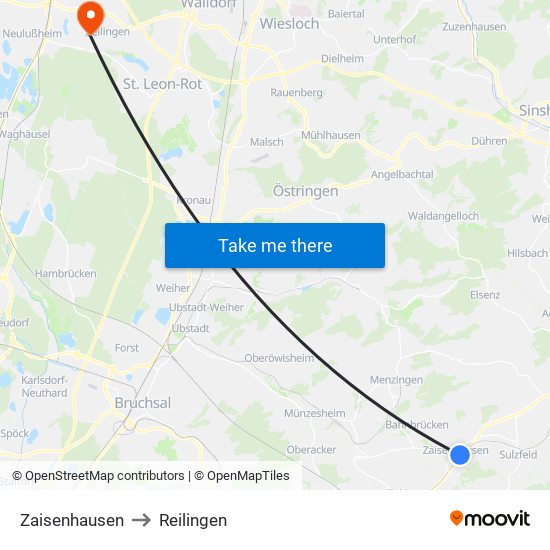 Zaisenhausen to Reilingen map