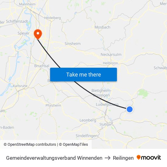 Gemeindeverwaltungsverband Winnenden to Reilingen map