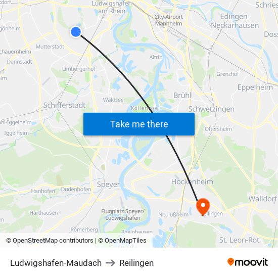 Ludwigshafen-Maudach to Reilingen map