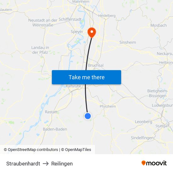 Straubenhardt to Reilingen map