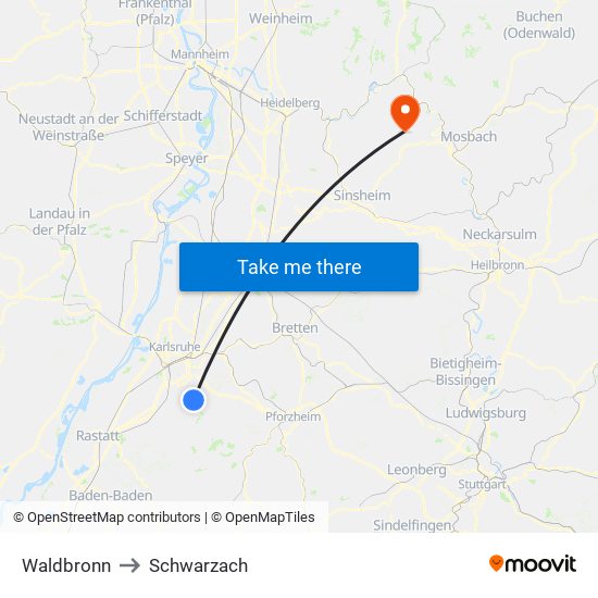 Waldbronn to Schwarzach map