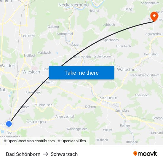 Bad Schönborn to Schwarzach map