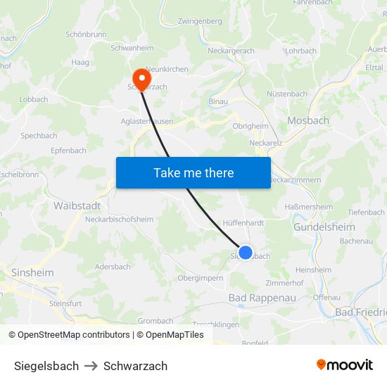 Siegelsbach to Schwarzach map