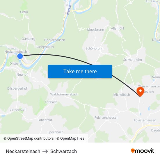 Neckarsteinach to Schwarzach map