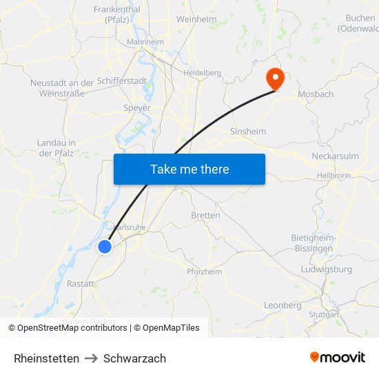 Rheinstetten to Schwarzach map