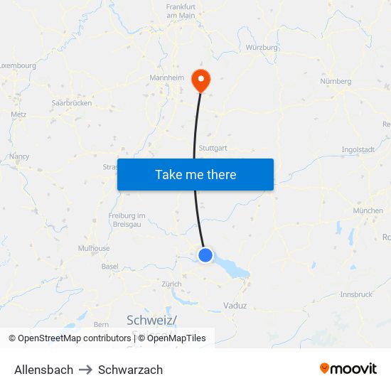 Allensbach to Schwarzach map