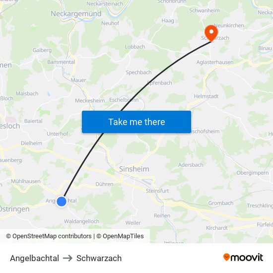 Angelbachtal to Schwarzach map