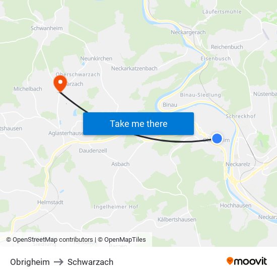 Obrigheim to Schwarzach map