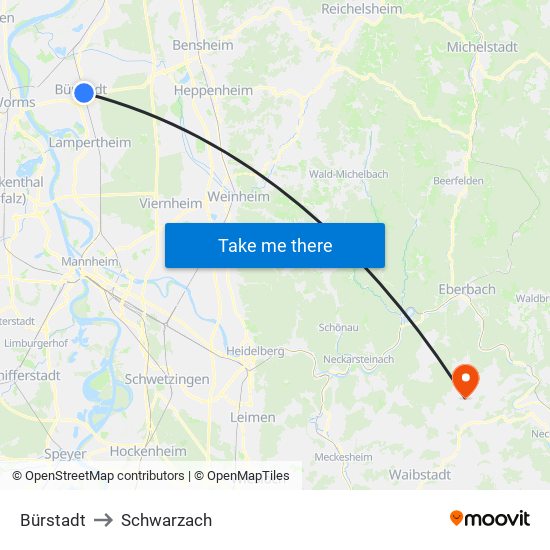 Bürstadt to Schwarzach map