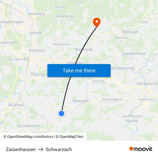 Zaisenhausen to Schwarzach map