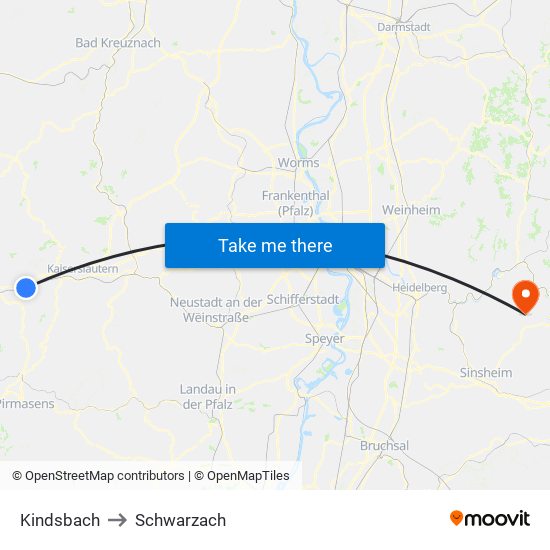 Kindsbach to Schwarzach map