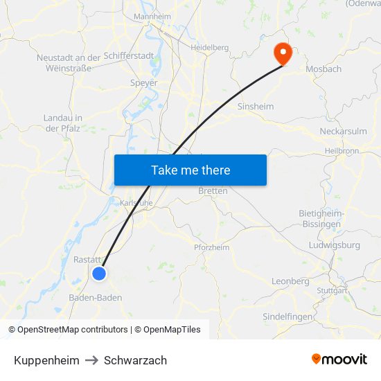 Kuppenheim to Schwarzach map