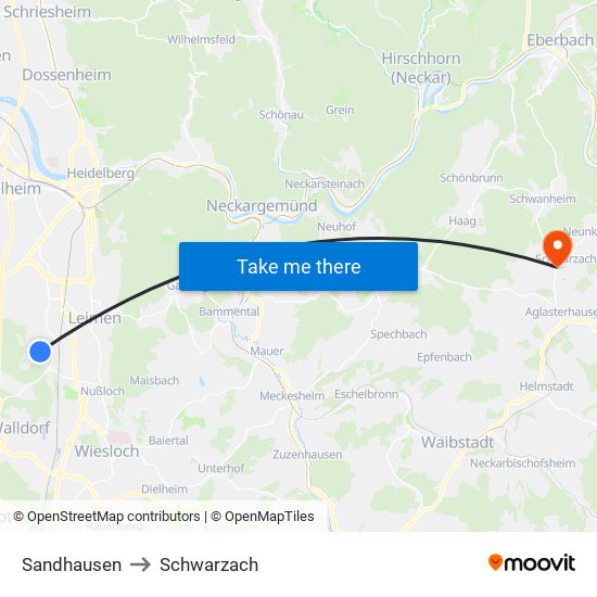 Sandhausen to Schwarzach map