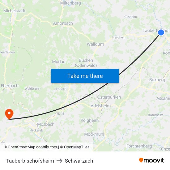 Tauberbischofsheim to Schwarzach map