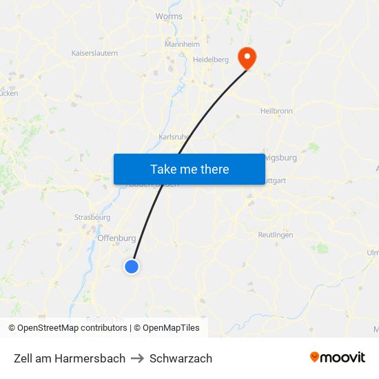 Zell am Harmersbach to Schwarzach map
