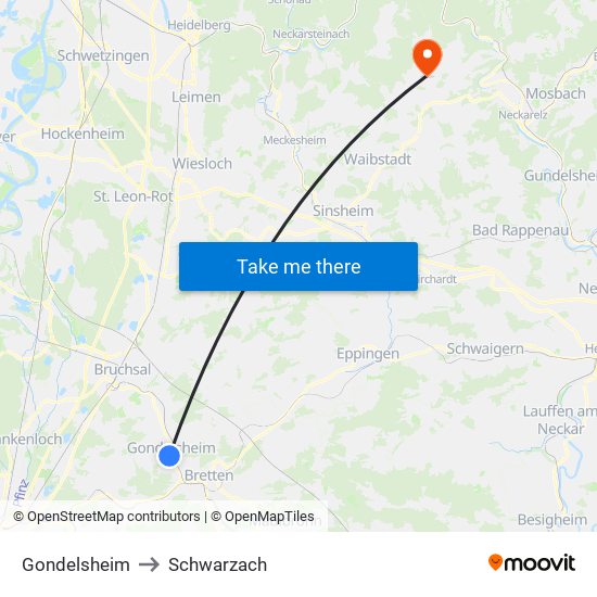 Gondelsheim to Schwarzach map