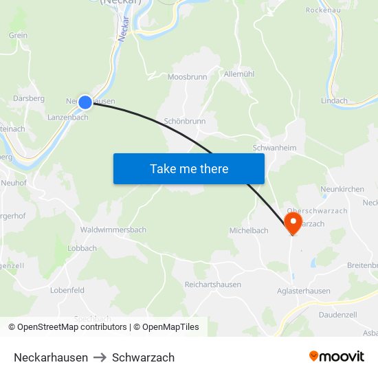 Neckarhausen to Schwarzach map