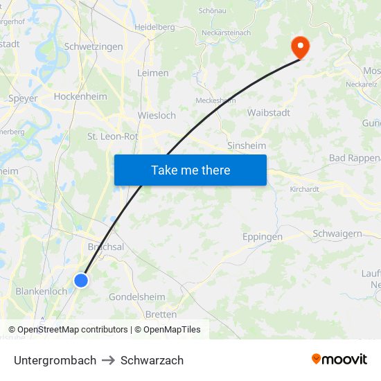 Untergrombach to Schwarzach map