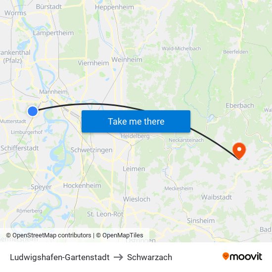 Ludwigshafen-Gartenstadt to Schwarzach map