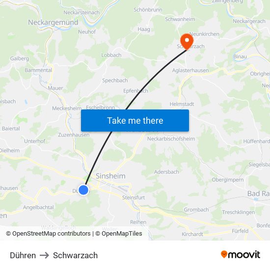 Dühren to Schwarzach map