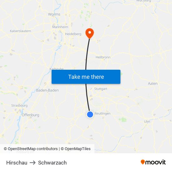 Hirschau to Schwarzach map