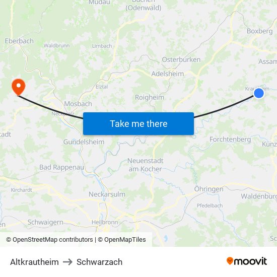 Altkrautheim to Schwarzach map