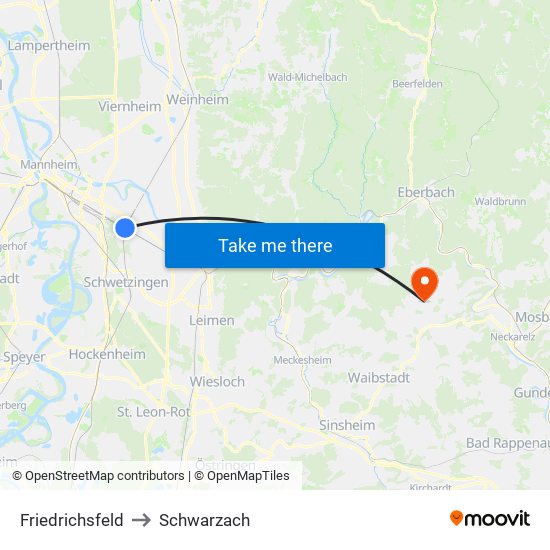 Friedrichsfeld to Schwarzach map