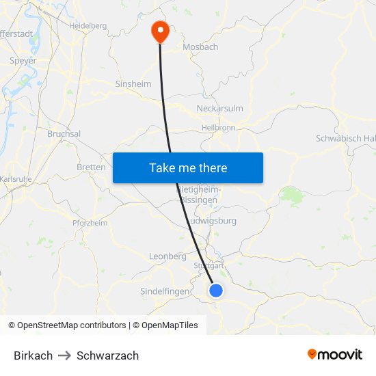 Birkach to Schwarzach map