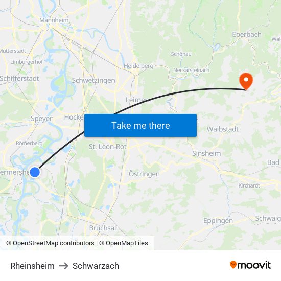 Rheinsheim to Schwarzach map