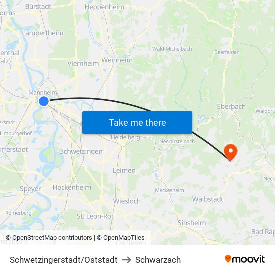 Schwetzingerstadt/Oststadt to Schwarzach map