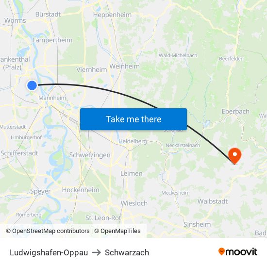 Ludwigshafen-Oppau to Schwarzach map