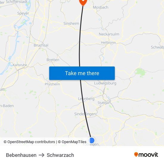 Bebenhausen to Schwarzach map