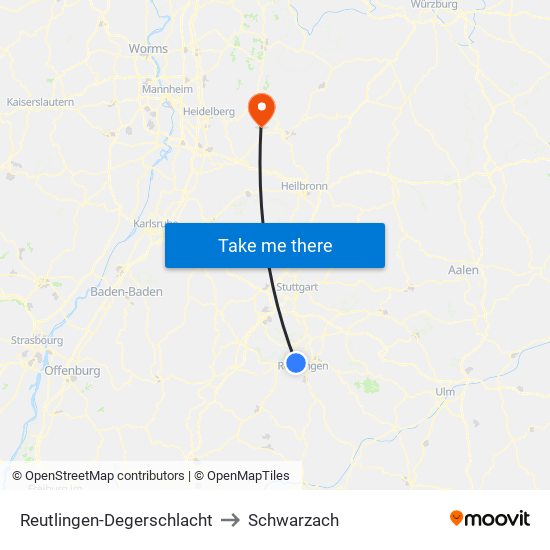 Reutlingen-Degerschlacht to Schwarzach map