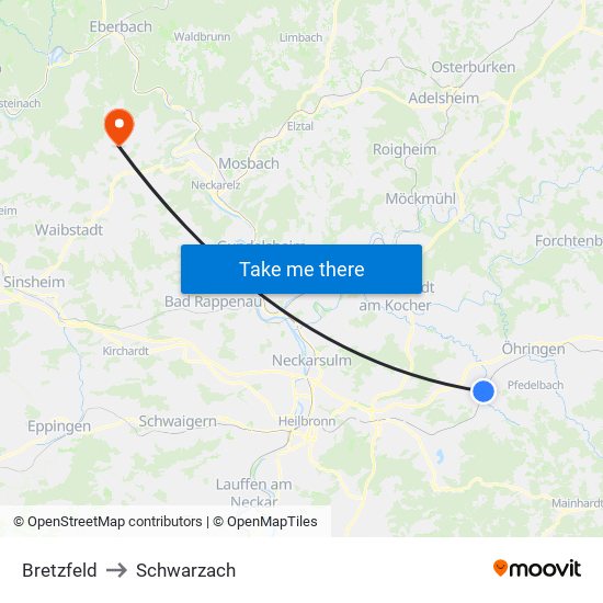 Bretzfeld to Schwarzach map