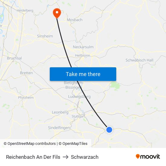 Reichenbach An Der Fils to Schwarzach map