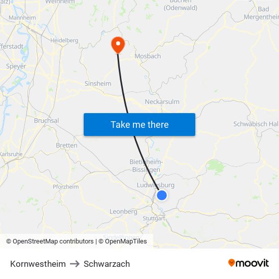 Kornwestheim to Schwarzach map
