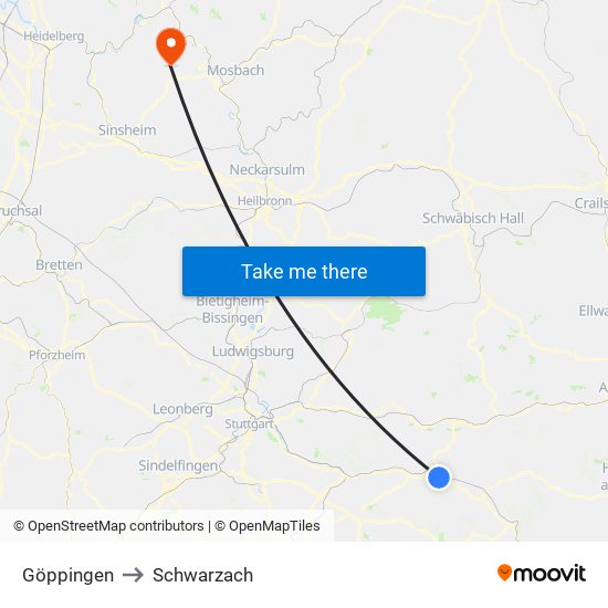 Göppingen to Schwarzach map